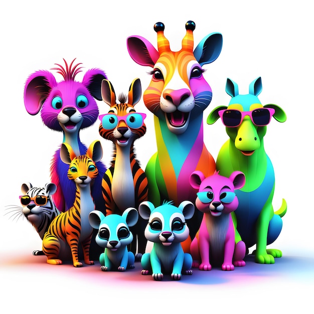 3D neon colors fairytale cute animals clipart