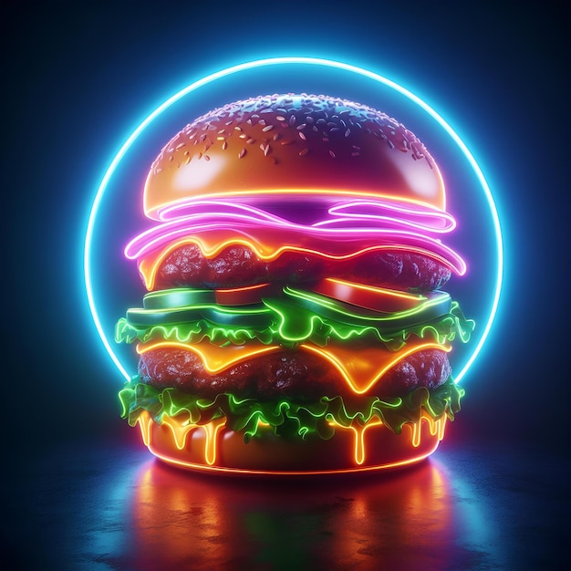 3d neon effect light burger imgae for logo and background