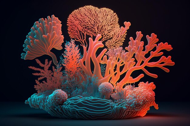 Foto 3d neon helder gloeiend koraalrif op donkere achtergrond ai gegenereerd