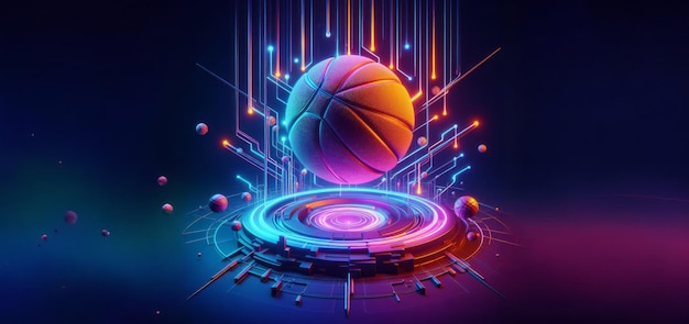 3D neon illustratie van een basketbal op de grond