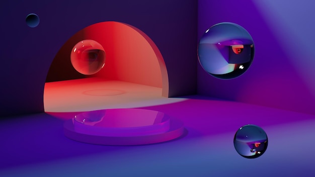 3D neon podium blauwe kleur en glazen ballen Rode blauwe violette lichten Retro neon gloeiende esthetiek