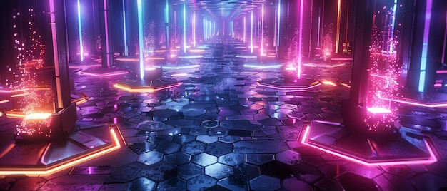 3D neon zeshoekige patronen op een dansvloer futuristische discotheque vibe