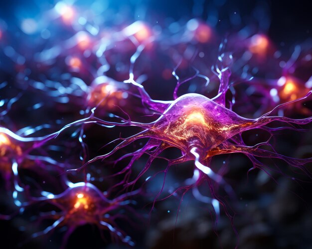 3D-neuron in het donker Een close-up van een paarse en gele mobiele telefoon