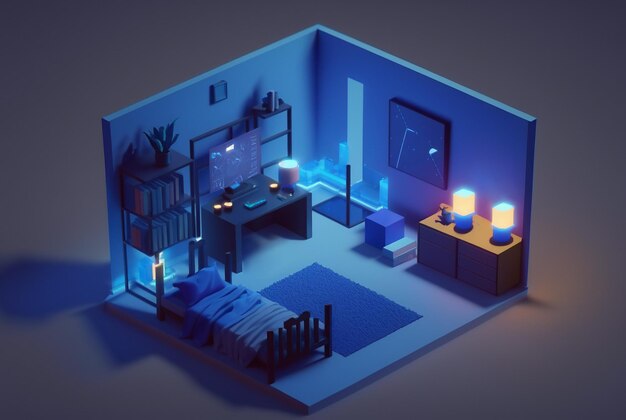 3d night blue isometrische slaapkamer AI gegenereerd