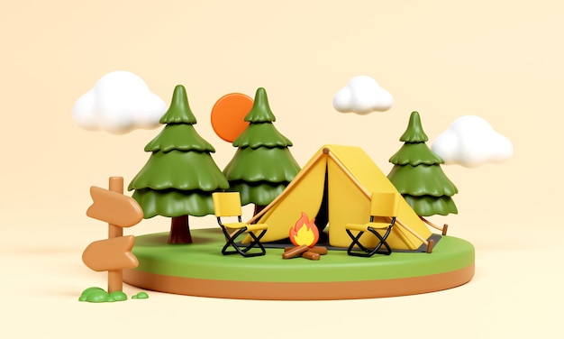 3d Night Campsite in nature and elements for camping summer camp camp fire trip hiking Concept 3d rendering illustration