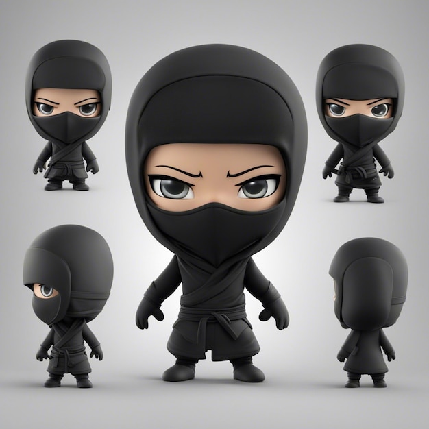 A 3d ninja cartoon game character boy ware black cloth with sward clear white background