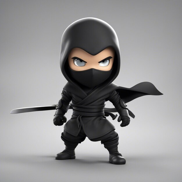 Foto un panno nero degli articoli del ragazzo del personaggio del gioco del fumetto di ninja 3d con fondo bianco chiaro dello sward