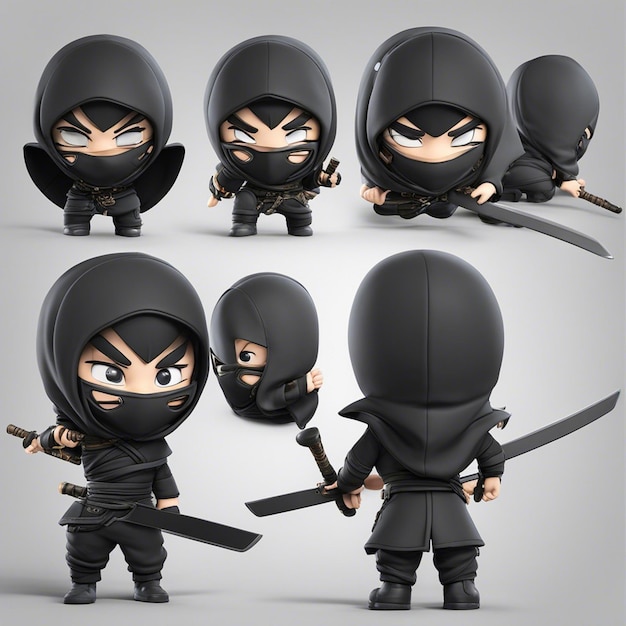 Foto un panno nero degli articoli del ragazzo del personaggio del gioco del fumetto di ninja 3d con fondo bianco chiaro dello sward