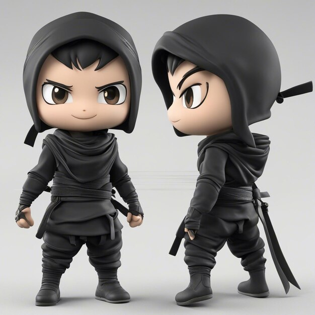 Photo a 3d ninja cartoon game character boy ware black cloth with sward clear white background