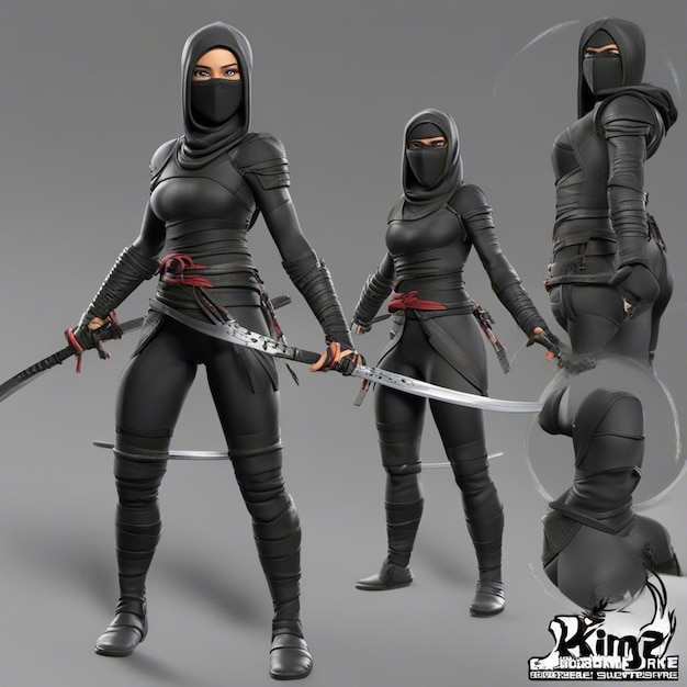 A 3d ninja cartoon game character boy with sward clear white background