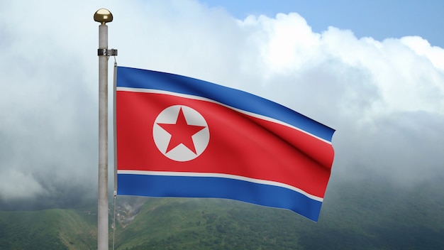 3d, noord-koreaanse vlag zwaaien op wind op berg met wolken. korea banner waait, zachte en gladde zijde. doek stof textuur vlag achtergrond. gebruik het voor het concept van nationale dag en landgelegenheden.