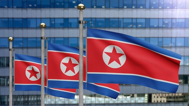 Фото 3d, северокорейский флаг развевается на ветру с современным городом-небоскребом. корея баннер дует гладкий шелк. предпосылка прапорщика текстуры ткани ткани. используйте его для концепции национального дня и страны.