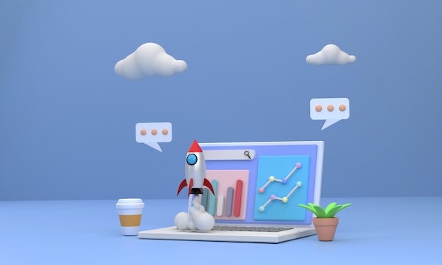 3d notebook computer showing a business graph a rocket soared up on sky concept of startup