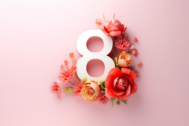 3d Nummer acht gemaakt van bloemen op roze achtergrond 8 maart Gelukkige Vrouwendag