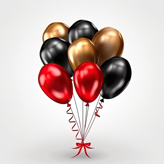 3D object of black and red balloons with golden ribbon bow