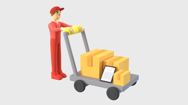 Photo 3d object of courier pushing conveyance carrying packages