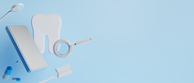 Foto illustrazione dell'oggetto 3d per il dente del dentista con strumenti di assistenza sanitaria medica per la clinica dentale