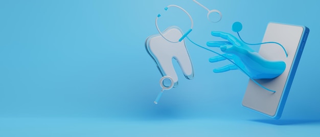 3d object illustration for dentist tooth with tools of medical health care for dental hospital