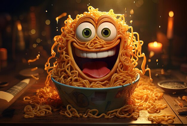 A 3d object with an image of noodles in a bowl in the style of cartoonish character design