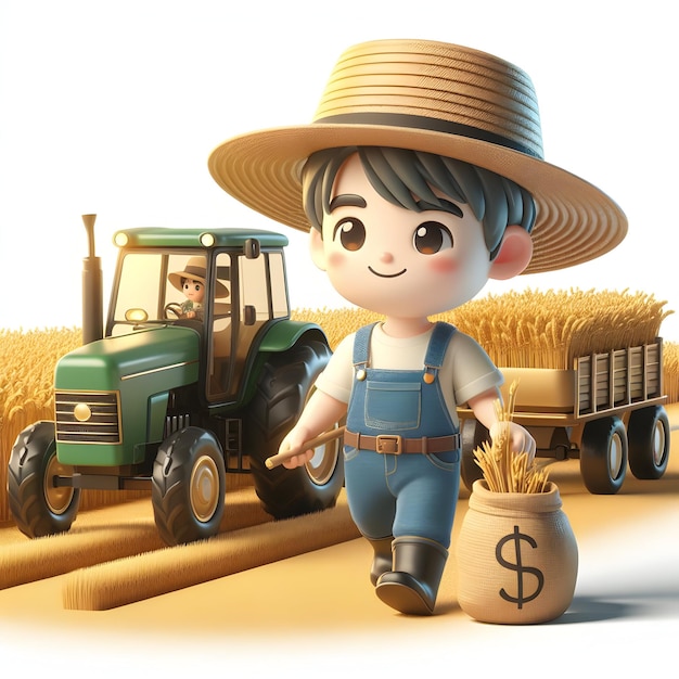 3d for occupasion charactor concept Farmer Dawn with Tractors and Golden Fields with isolated white