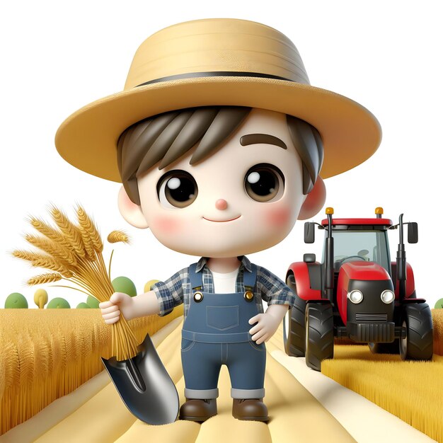 3d for occupasion charactor concept Farmer Dawn with Tractors and Golden Fields with isolated white