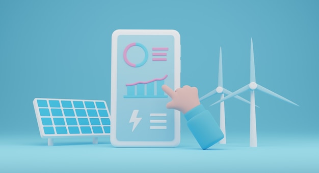 사진 전기 분석 앱으로 재생 가능한 에너지 illustration.renewable 에너지의 3d. 3d 렌더링
