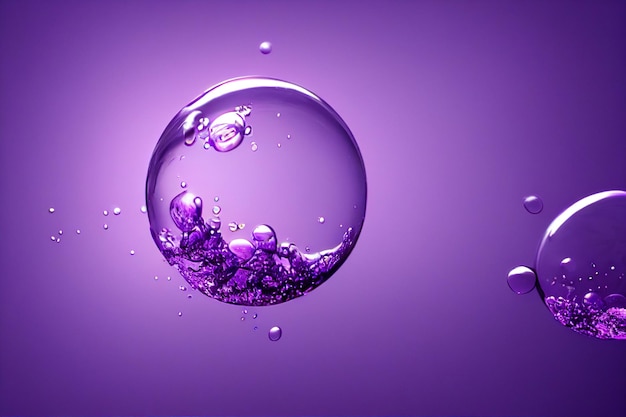 3D oil with bubbles on Violet background Abstract space purple violet background Soft selective focus macro of oil drops on water surface copy space air bubbles in water