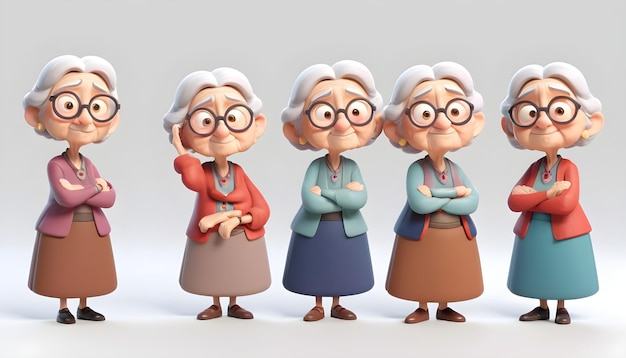 Foto set di personaggi di vecchie donne in 3d