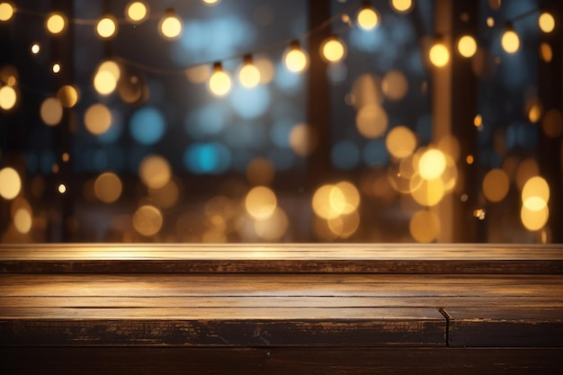 3d old wooden table looking out to golden bokeh lights