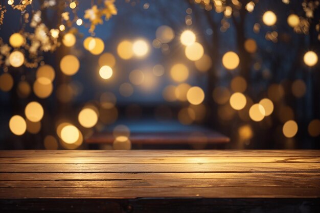 3d old wooden table looking out to golden bokeh lights
