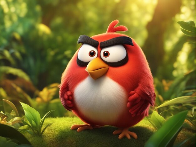 A 3d one cute colorful round angry bird isolated on a clean blurred jungle background