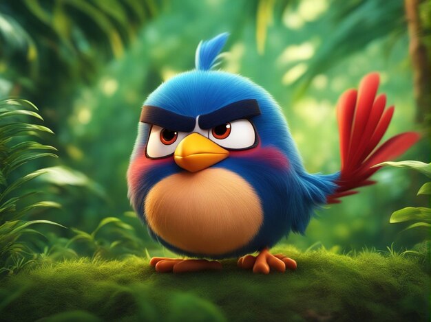 A 3d one cute colorful round angry bird isolated on a clean blurred jungle background