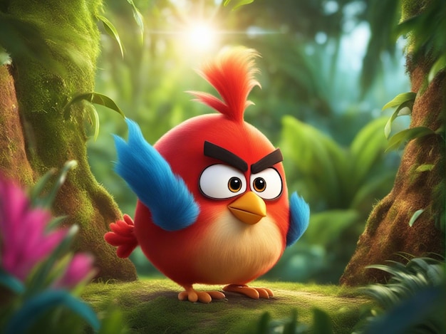 A 3d one cute colorful round angry bird isolated on a clean blurred jungle background