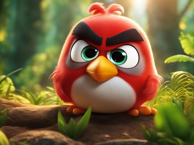 A 3d one cute colorful round angry bird isolated on a clean blurred jungle background