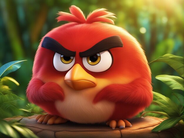 A 3d one cute colorful round angry bird isolated on a clean blurred jungle background