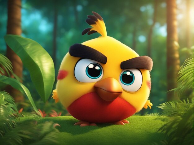 A 3d one cute colorful round angry bird isolated on a clean blurred jungle background
