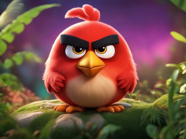 A 3d One cute colorful round angry bird isolated on a clean blurred jungle background