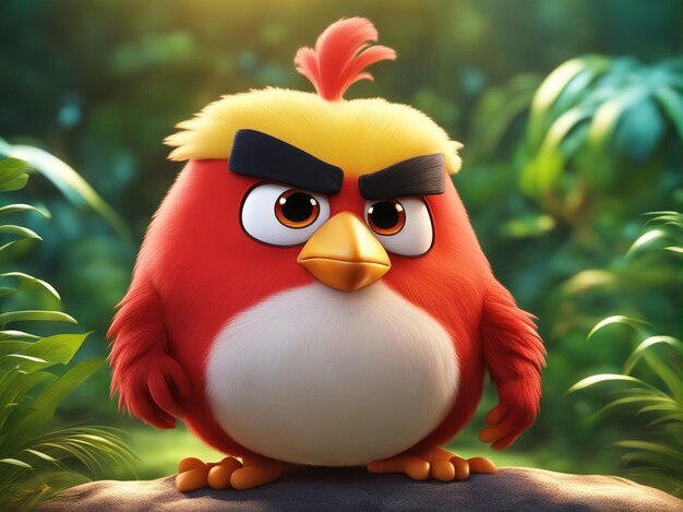 A 3d one cute colorful round angry bird isolated on a clean blurred jungle background