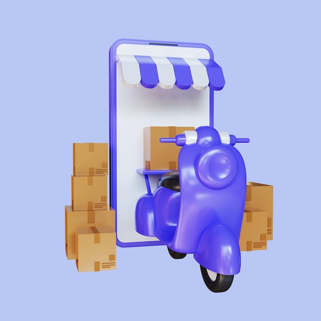 3d online delivery service, courier fast response delivery, package shipping on mobile scooter