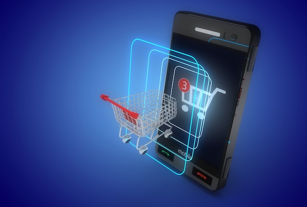 3d online shopping concept . smartphone laptop and cart. 3d illustration