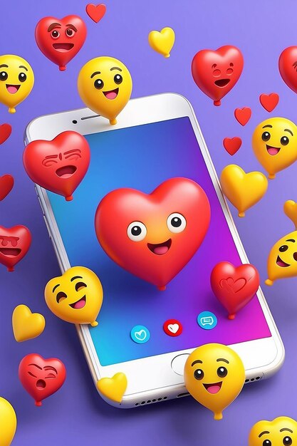 Photo 3d online social communication applications social media platform app with emoji hearts on mobile