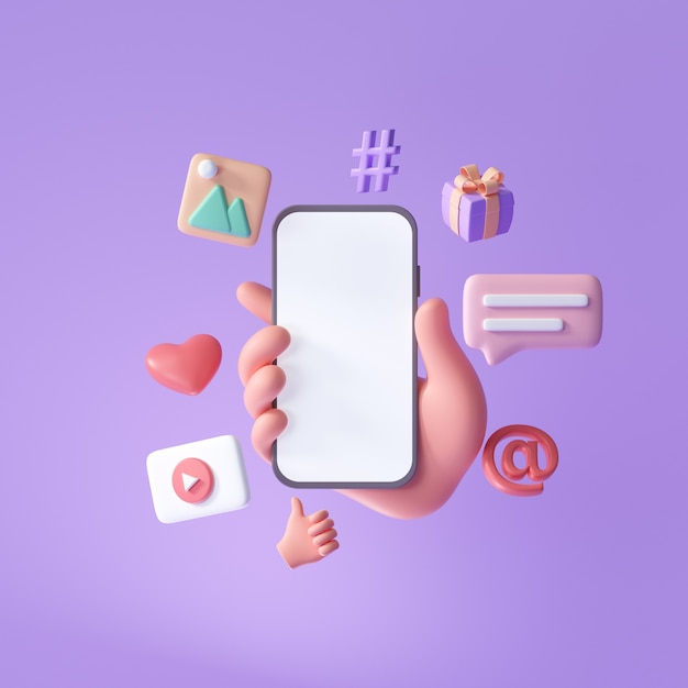 Photo 3d online social media communication platform concept hand holding phone with emoji