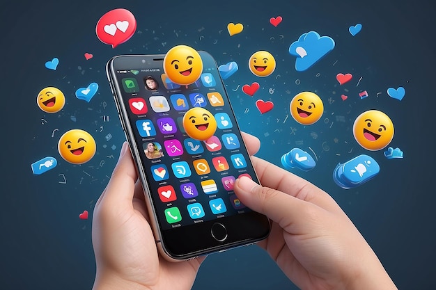 3D Online Social media communication platform conceptHand holding phone with emoji