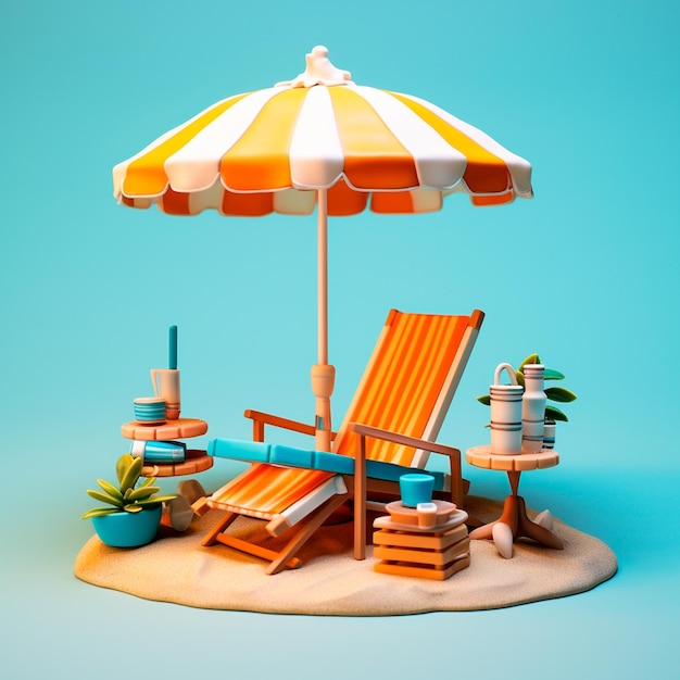 3D-ontwerp van zonnebank met paraplu en zomerstrandelementen