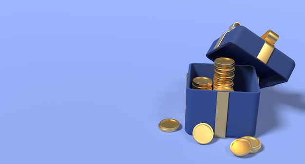 3D open cadeau doos met gouden munten en lint Geldprijs beloning Verdien punten en krijg beloningen 3D-rendering