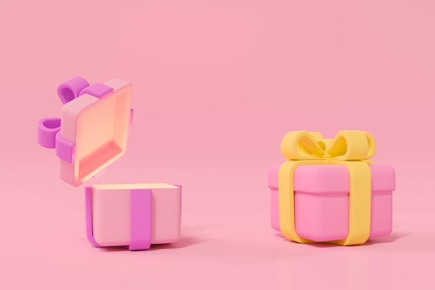 3d open gift box and closed present box on pink background Christmas birthday promotion Valentine