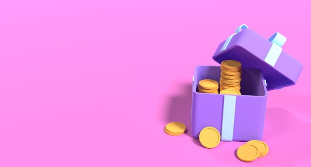 3d open gift box with coins and ribbon Money prize reward Earn point and get rewards 3d rendering illustration