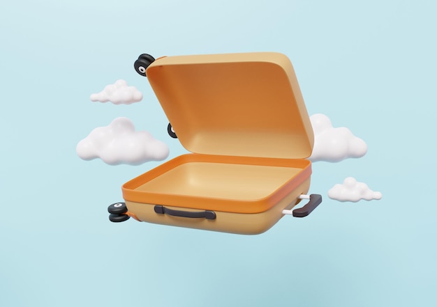 3D open orange suitcase floating on sky blue pastel background Travel tourism plane trip planning world tour leisure touring holiday summer concept Minimal cartoon luggage 3d render illustration