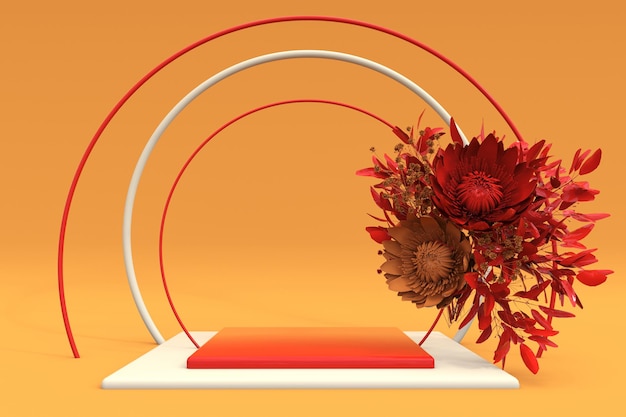 3d orange podium with autumnal composition of red flowers pedestal for product promotion background for branding and packaging presentation