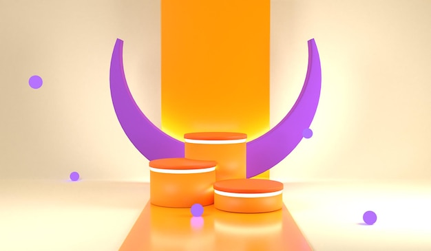 Photo 3d orange podium with purple moon and abstract background for halloween geometric shape stage